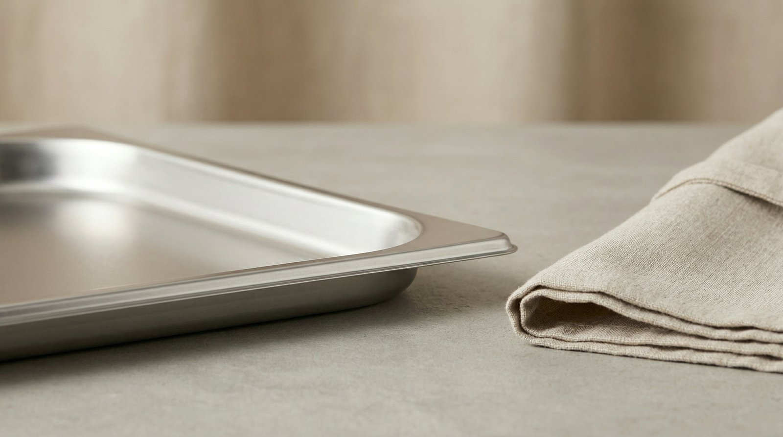 Stainless tray edge and folded apron — still life